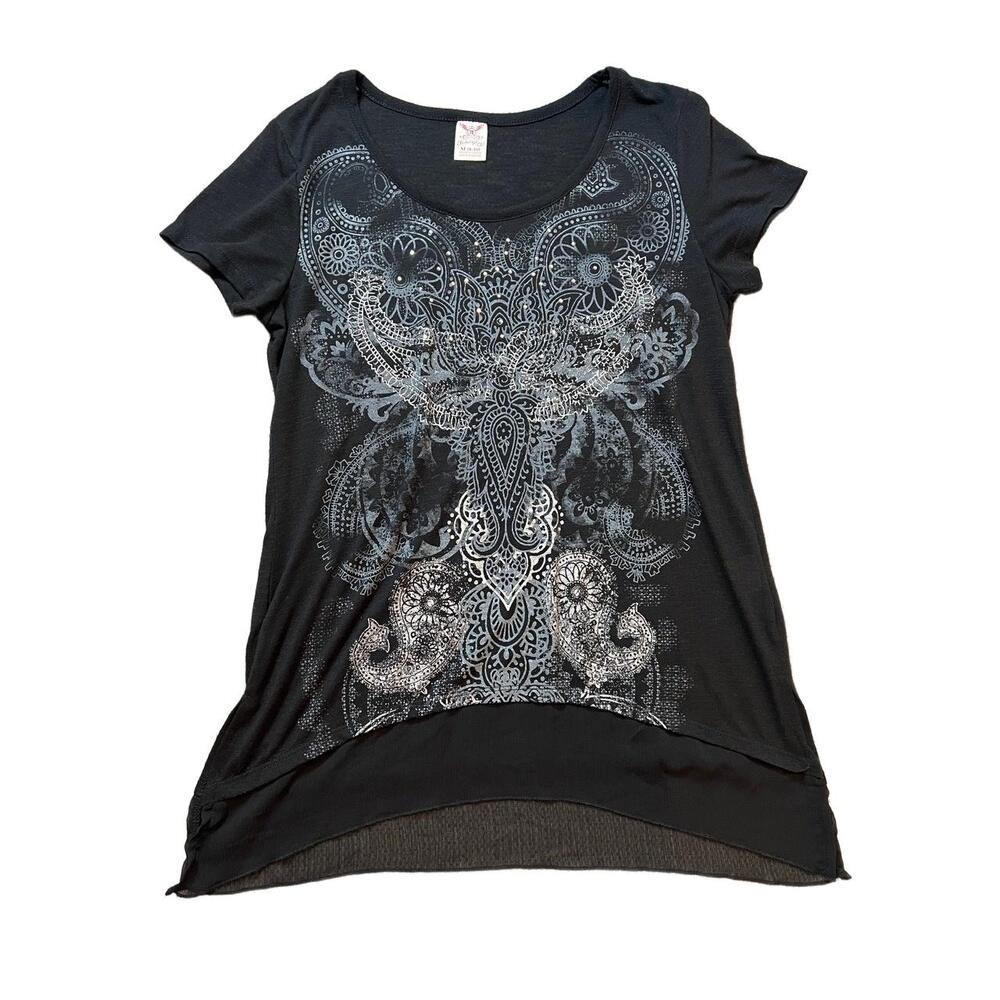 Faded Glory TShirt Womens Medium Black Vintage Unique Layered Hem Elongated Side